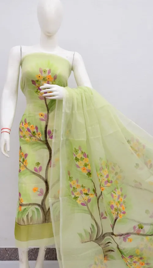 Graceful Kota Doria Dress Material with Hand Brush Print Work – Lightweight Elegance in Every Thread